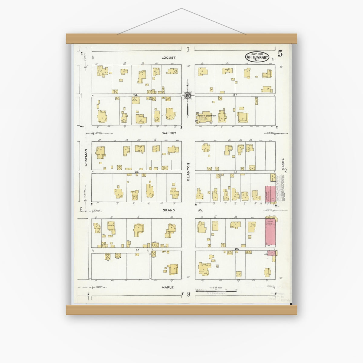 Old map wall art mockup — magnetic wood frame on white wall — Sanborn Fire Insurance Map from Whitewright, Grayson County, Texas (1920), Sheet #0005