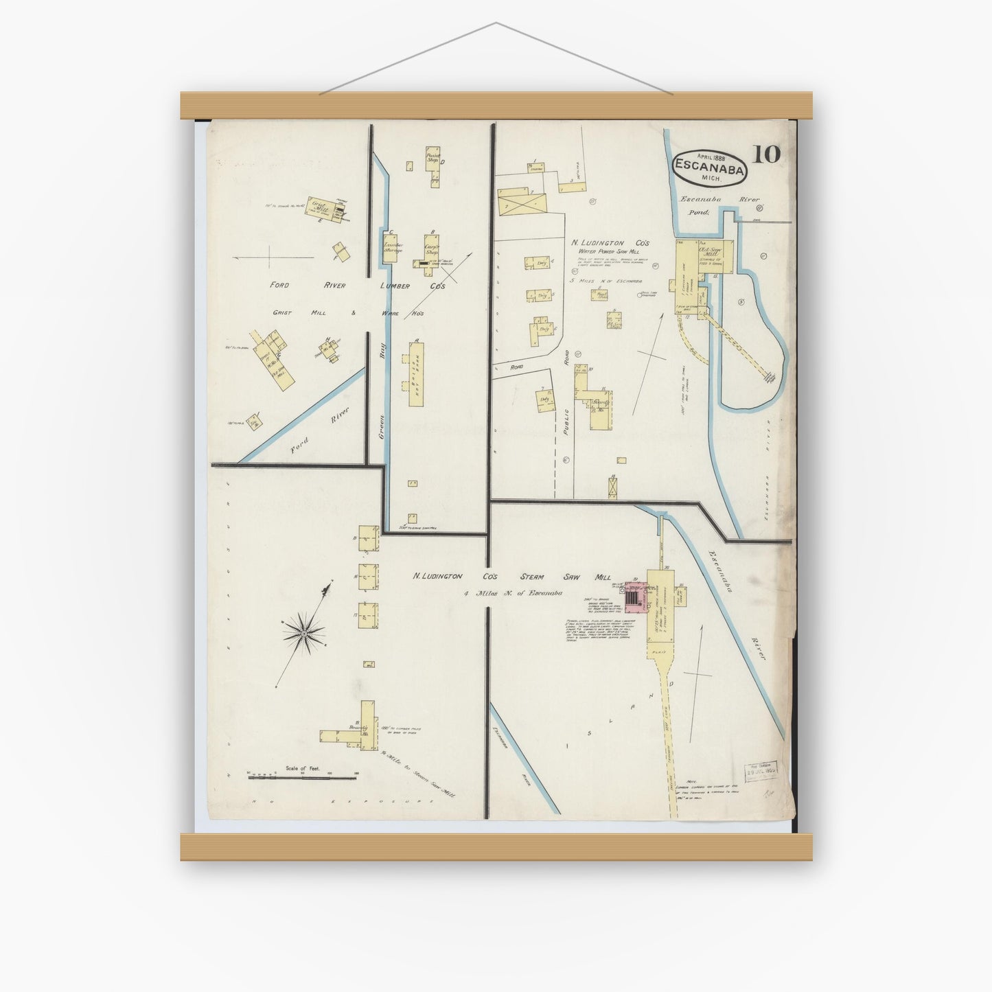 Old map wall art mockup — magnetic wood frame on white wall — Sanborn Fire Insurance Map from Escanaba, Delta County, Michigan (1888), Sheet #0010