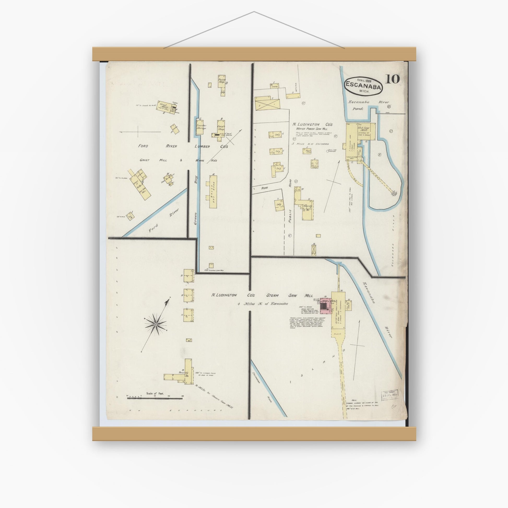 Old map wall art mockup — magnetic wood frame on white wall — Sanborn Fire Insurance Map from Escanaba, Delta County, Michigan (1888), Sheet #0010