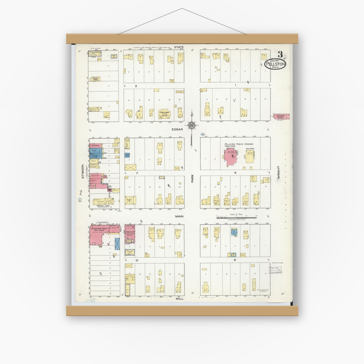 Old map wall art mockup — magnetic wood frame on white wall — Sanborn Fire Insurance Map from Pellston, Emmet County, Michigan (1917), Sheet #0003