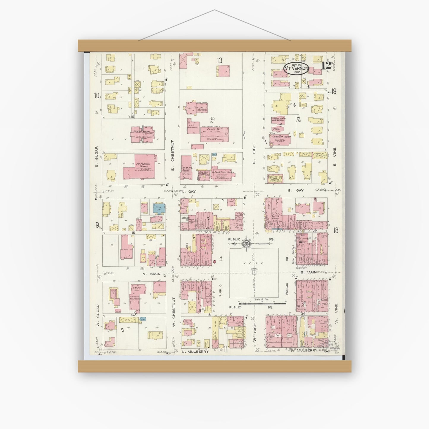 Old map wall art mockup — magnetic wood frame on white wall — Sanborn Fire Insurance Map from Mount Vernon, Knox County, Ohio (1913), Sheet #0012