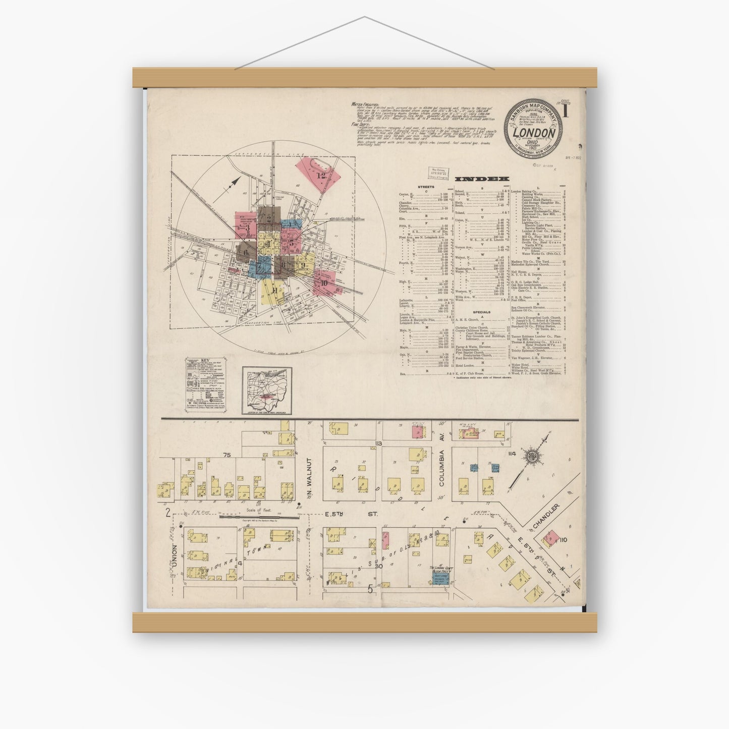 Old map wall art mockup — magnetic wood frame on white wall — Sanborn Fire Insurance Map from London, Madison County, Ohio (1921), Sheet #0001