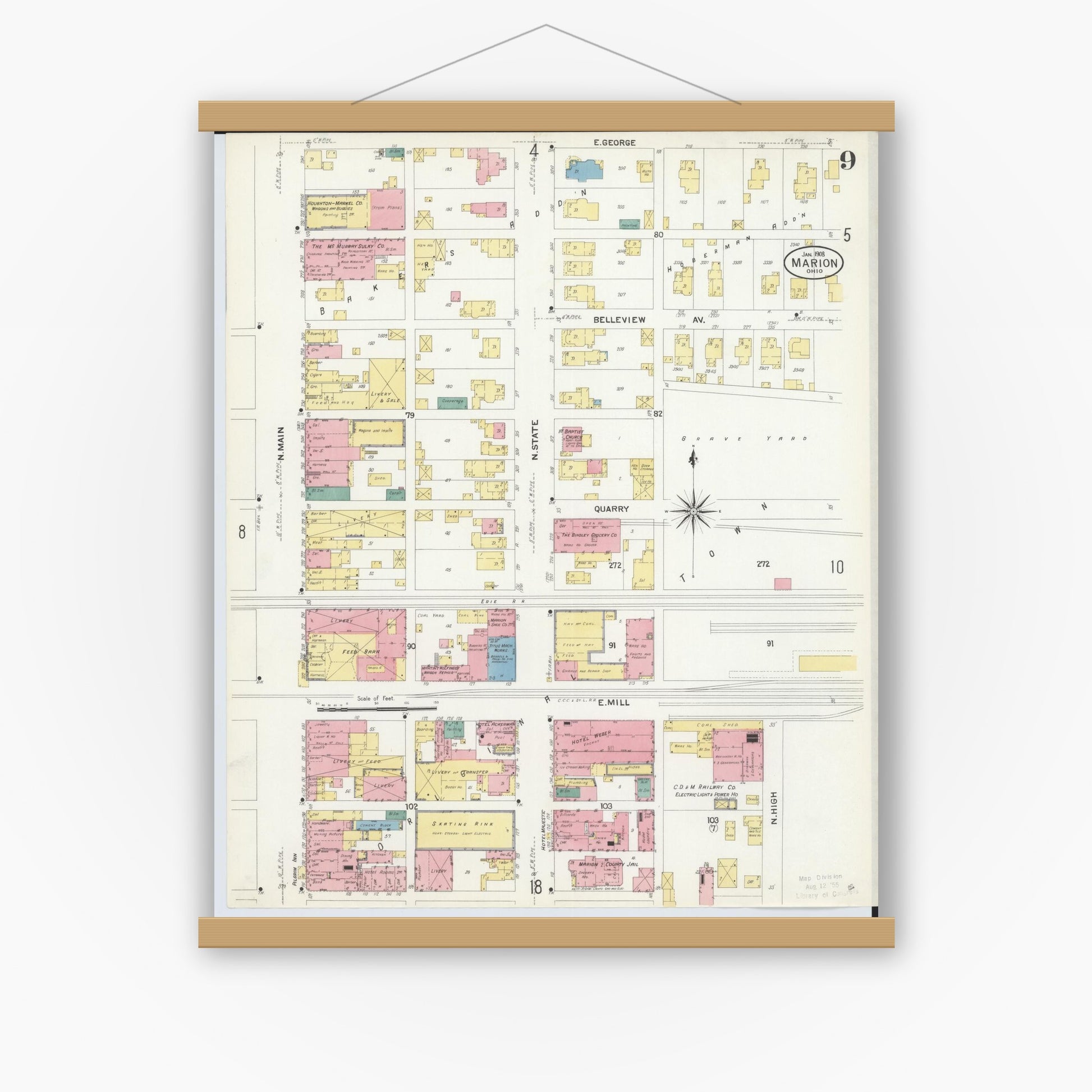 Old map wall art mockup — magnetic wood frame on white wall — Sanborn Fire Insurance Map from Marion, Marion County, Ohio (1908), Sheet #0009