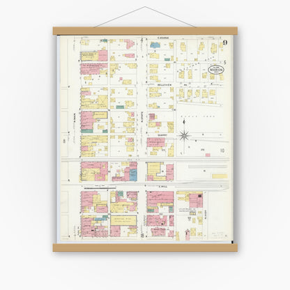 Old map wall art mockup — magnetic wood frame on white wall — Sanborn Fire Insurance Map from Marion, Marion County, Ohio (1908), Sheet #0009