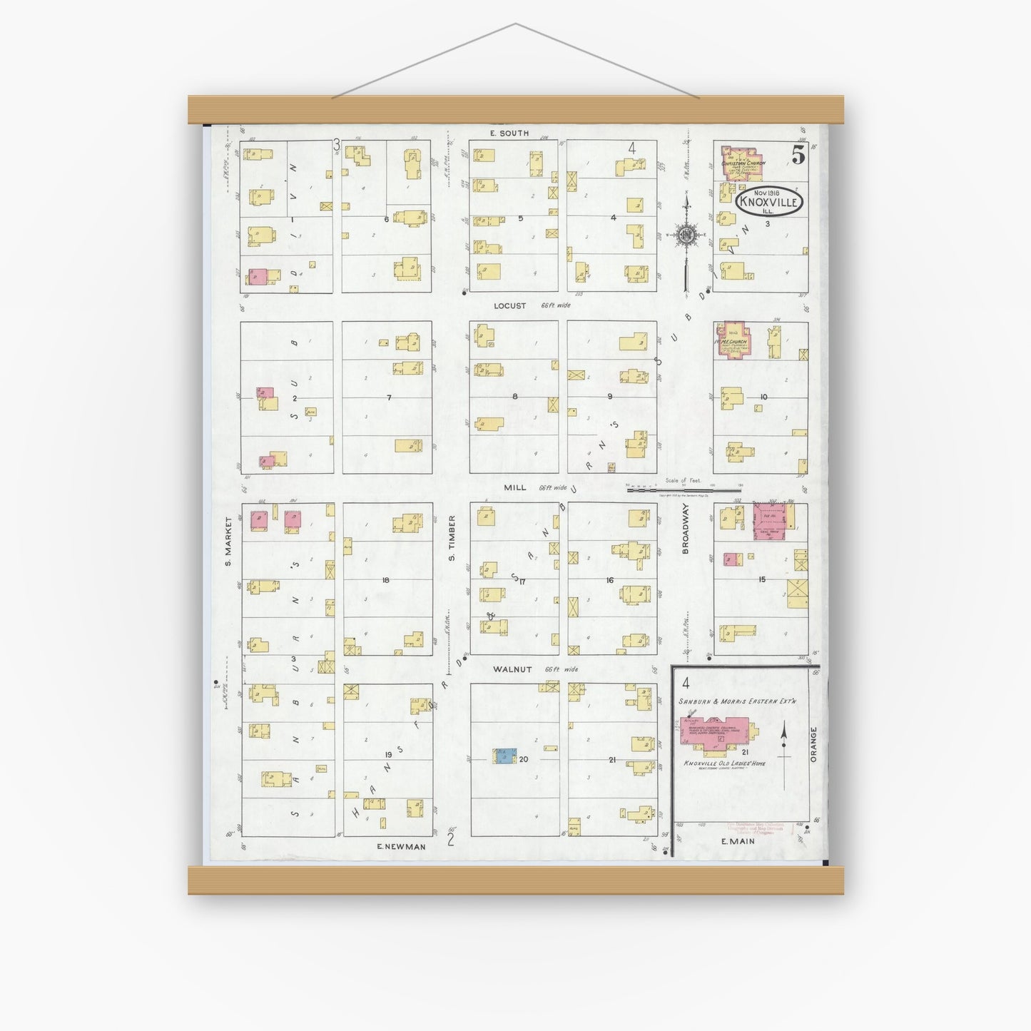 Old map wall art mockup — magnetic wood frame on white wall — Sanborn Fire Insurance Map from Knoxville, Knox County, Illinois (1918), Sheet #0005