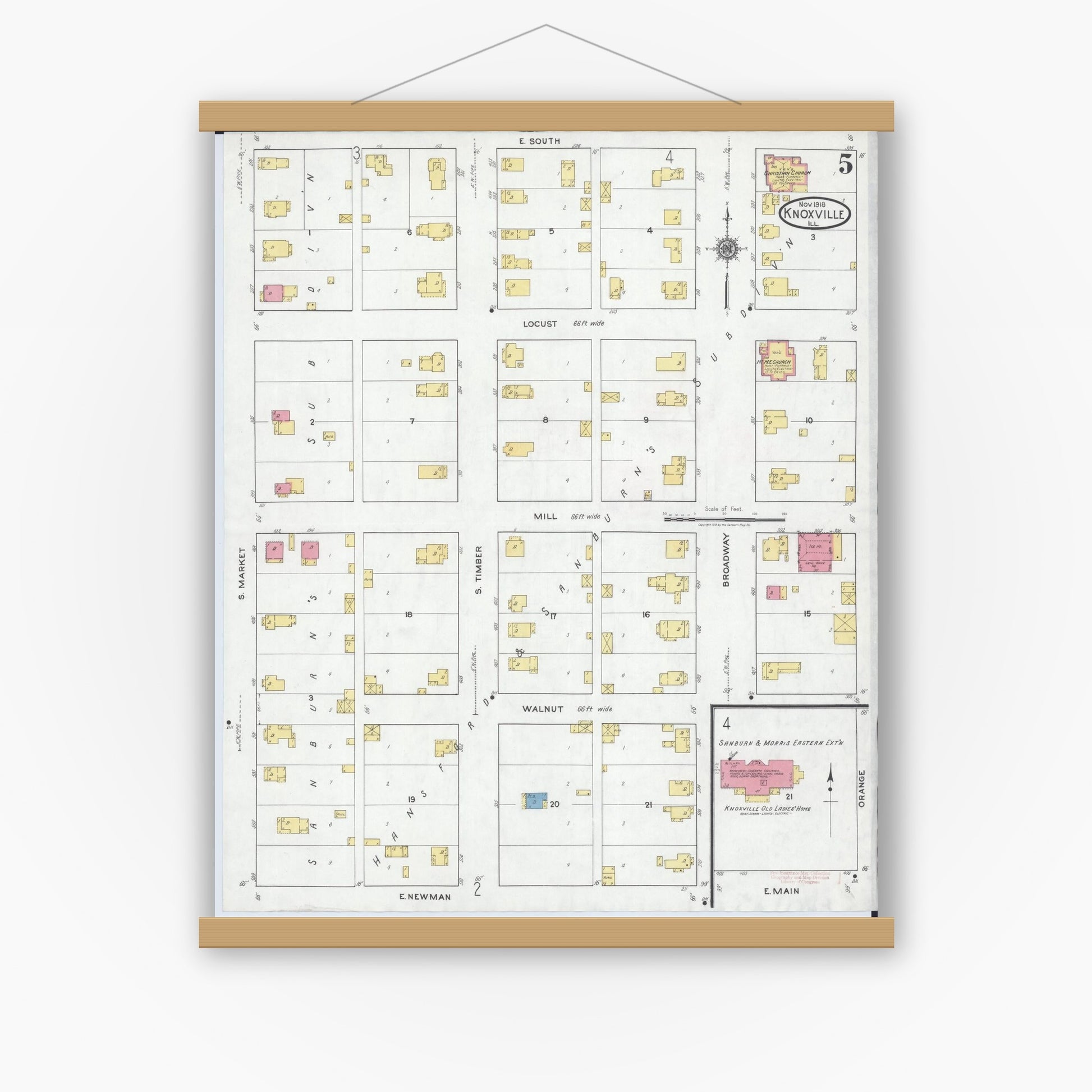 Old map wall art mockup — magnetic wood frame on white wall — Sanborn Fire Insurance Map from Knoxville, Knox County, Illinois (1918), Sheet #0005
