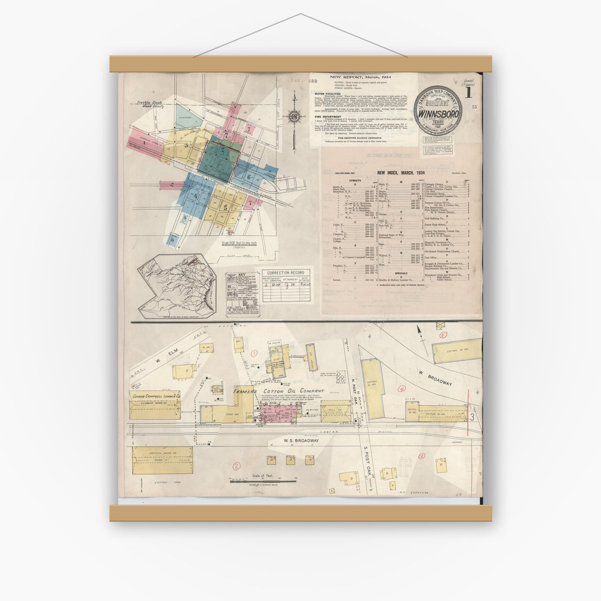Old map wall art mockup — magnetic wood frame on white wall — Sanborn Fire Insurance Map from Winnsboro, Wood County, Texas (1943) - Complete Map Set