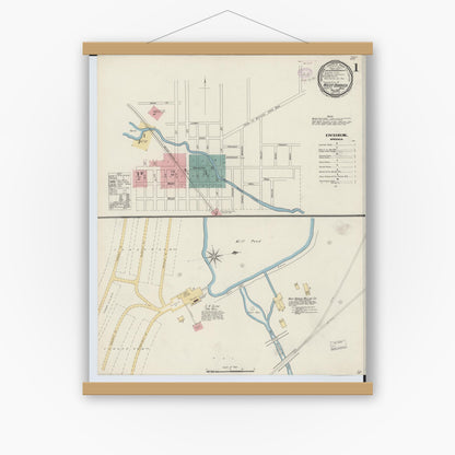 Old map wall art mockup — magnetic wood frame on white wall — Sanborn Fire Insurance Map from West Branch, Ogemaw County, Michigan (1893) - Complete Map Set