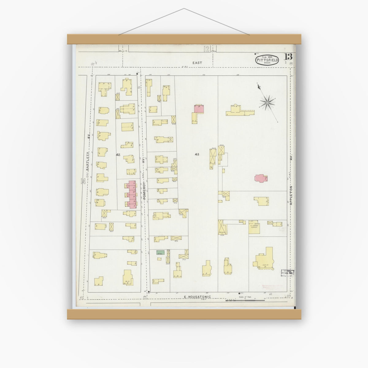 Old map wall art mockup — magnetic wood frame on white wall — Sanborn Fire Insurance Map from Pittsfield, Berkshire County, Massachusetts (1895), Sheet #0013