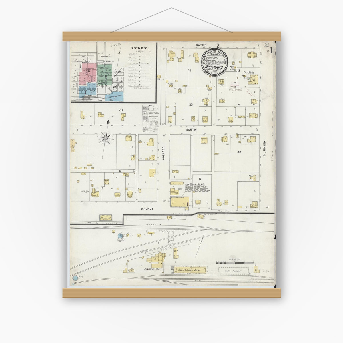 Old map wall art mockup — magnetic wood frame on white wall — Sanborn Fire Insurance Map from Whitesboro, Grayson County, Texas (1896) - Complete Map Set
