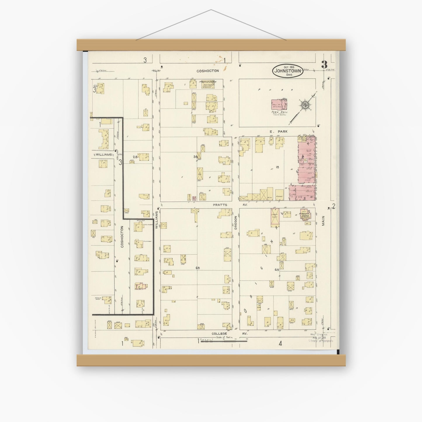 Old map wall art mockup — magnetic wood frame on white wall — Sanborn Fire Insurance Map from Johnstown, Licking County, Ohio (1913), Sheet #0003