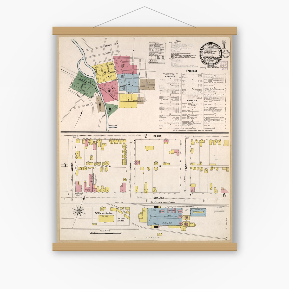 Old map wall art mockup — magnetic wood frame on white wall — Sanborn Fire Insurance Map from Hollidaysburg, Blair County, Pennsylvania (1901), Sheet #0001