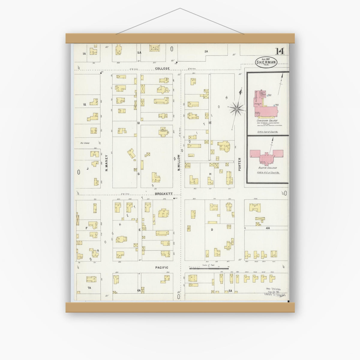 Old map wall art mockup — magnetic wood frame on white wall — Sanborn Fire Insurance Map from Sherman, Grayson County, Texas (1897), Sheet #0014
