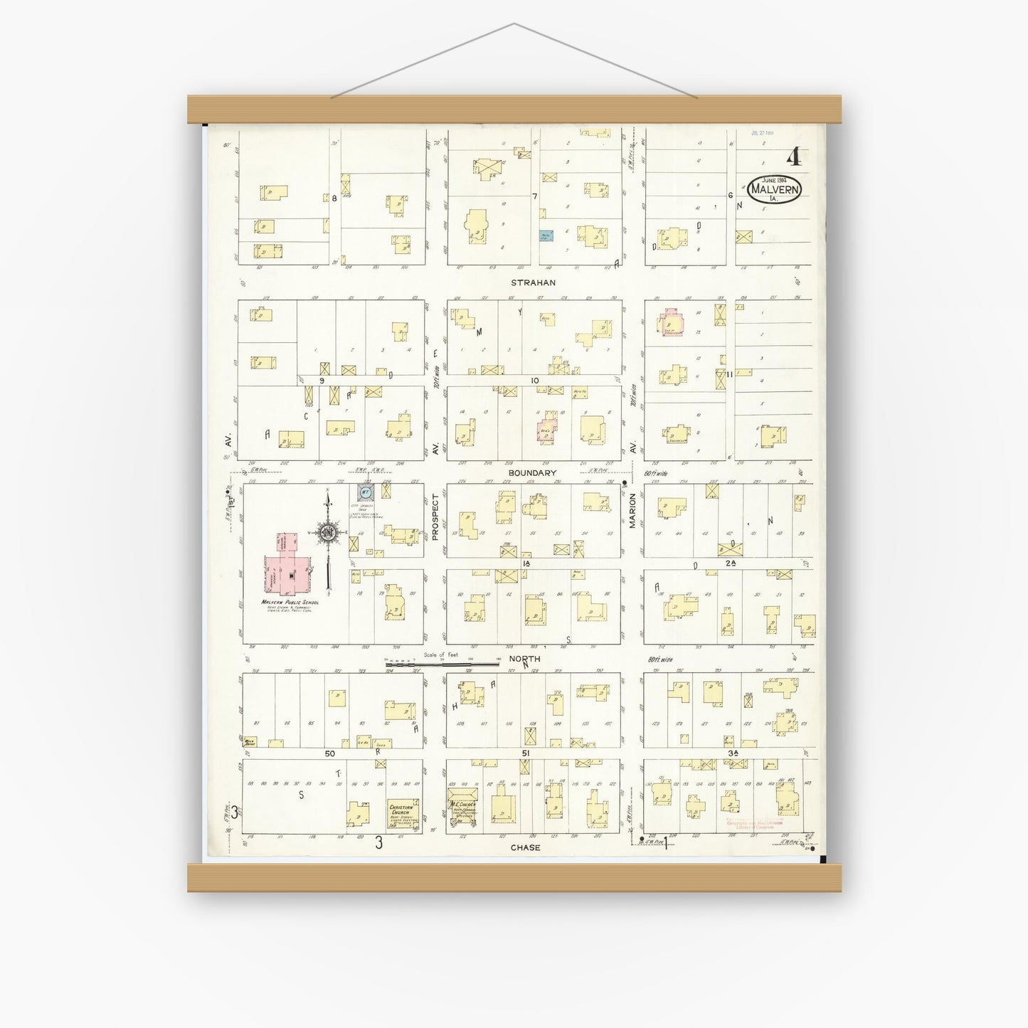 Old map wall art mockup — magnetic wood frame on white wall — Sanborn Fire Insurance Map from Malvern, Mills County, Iowa (1914), Sheet #0004