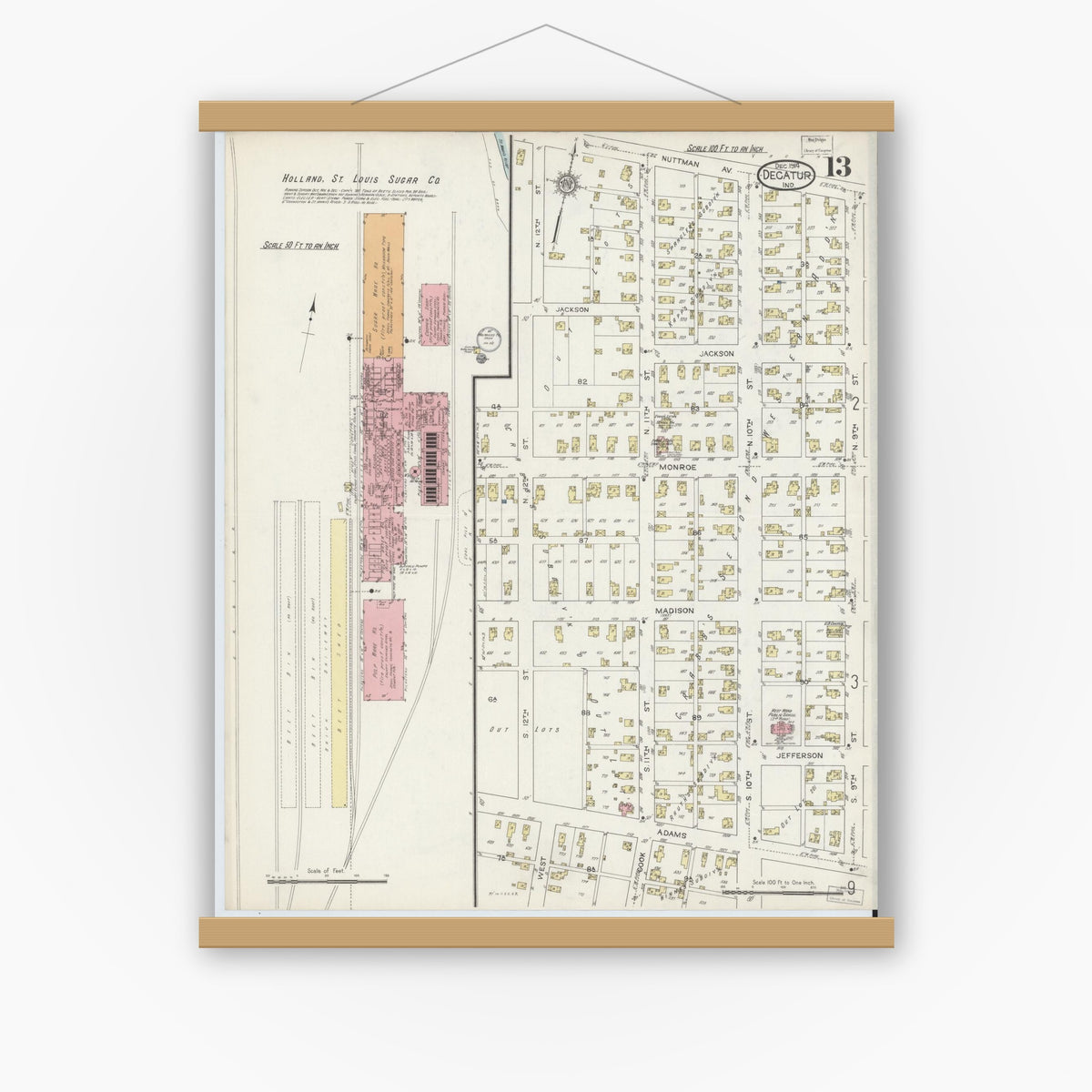 Old map wall art mockup — magnetic wood frame on white wall — Sanborn Fire Insurance Map from Decatur, Adams County, Indiana (1914), Sheet #0013