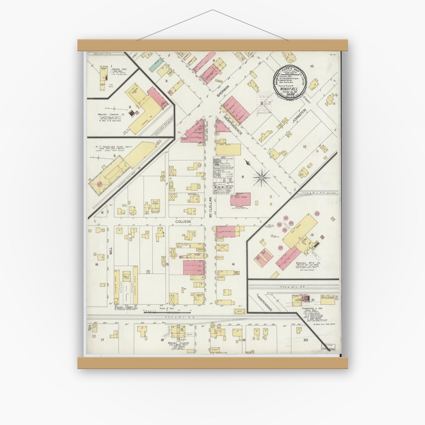 Old map wall art mockup — magnetic wood frame on white wall — Sanborn Fire Insurance Map from Windfall, Tipton County, Indiana (1900), Sheet #0001