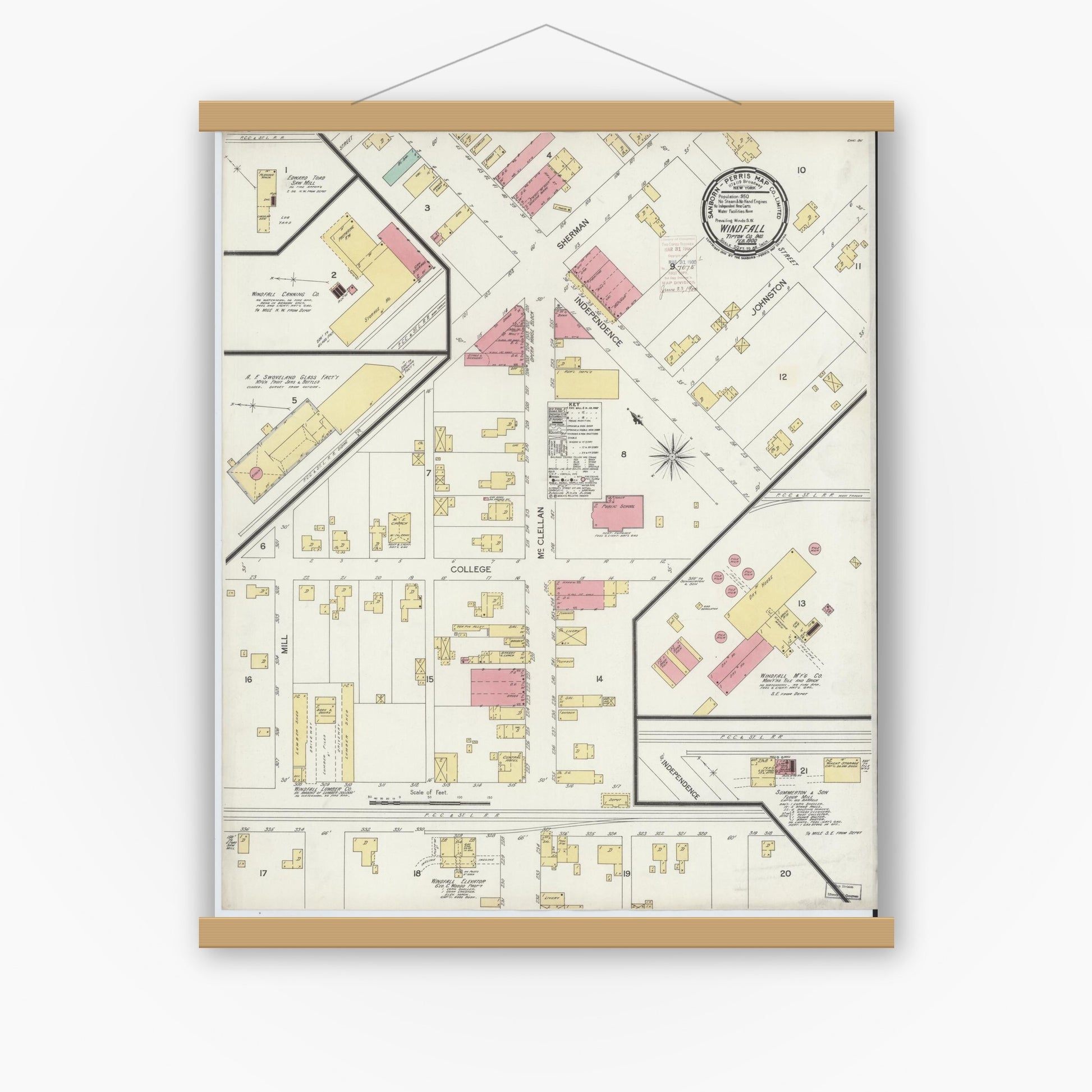Old map wall art mockup — magnetic wood frame on white wall — Sanborn Fire Insurance Map from Windfall, Tipton County, Indiana (1900), Sheet #0001