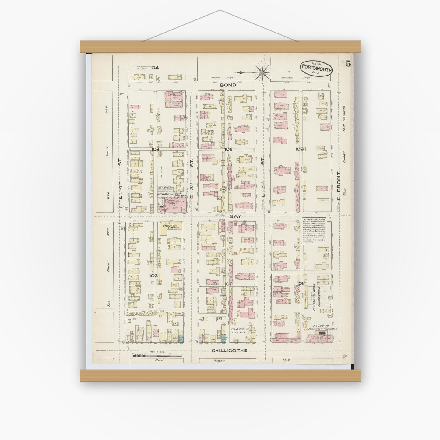 Old map wall art mockup — magnetic wood frame on white wall — Sanborn Fire Insurance Map from Portsmouth, Scioto County, Ohio (1884), Sheet #0005