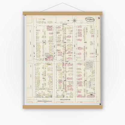 Old map wall art mockup — magnetic wood frame on white wall — Sanborn Fire Insurance Map from Portsmouth, Scioto County, Ohio (1884), Sheet #0005