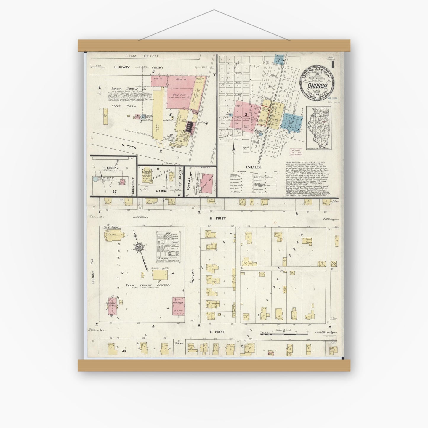 Old map wall art mockup — magnetic wood frame on white wall — Sanborn Fire Insurance Map from Onarga, Iroquois County, Illinois (1914) - Complete Map Set