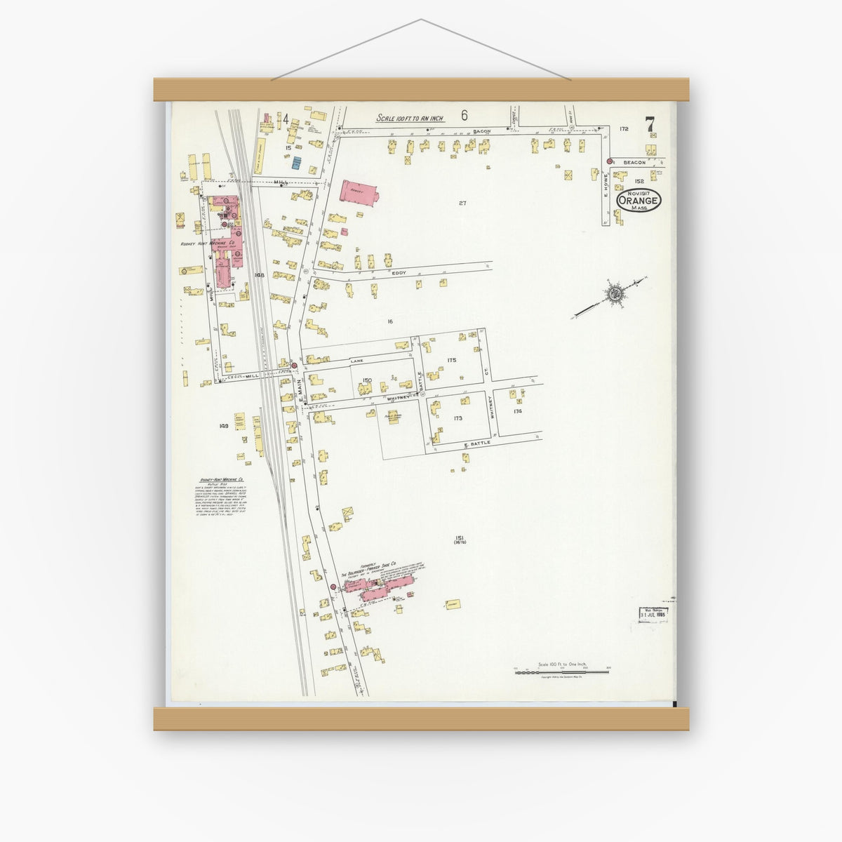 Old map wall art mockup — magnetic wood frame on white wall — Sanborn Fire Insurance Map from Orange, Franklin County, Massachusetts (1917), Sheet #0007