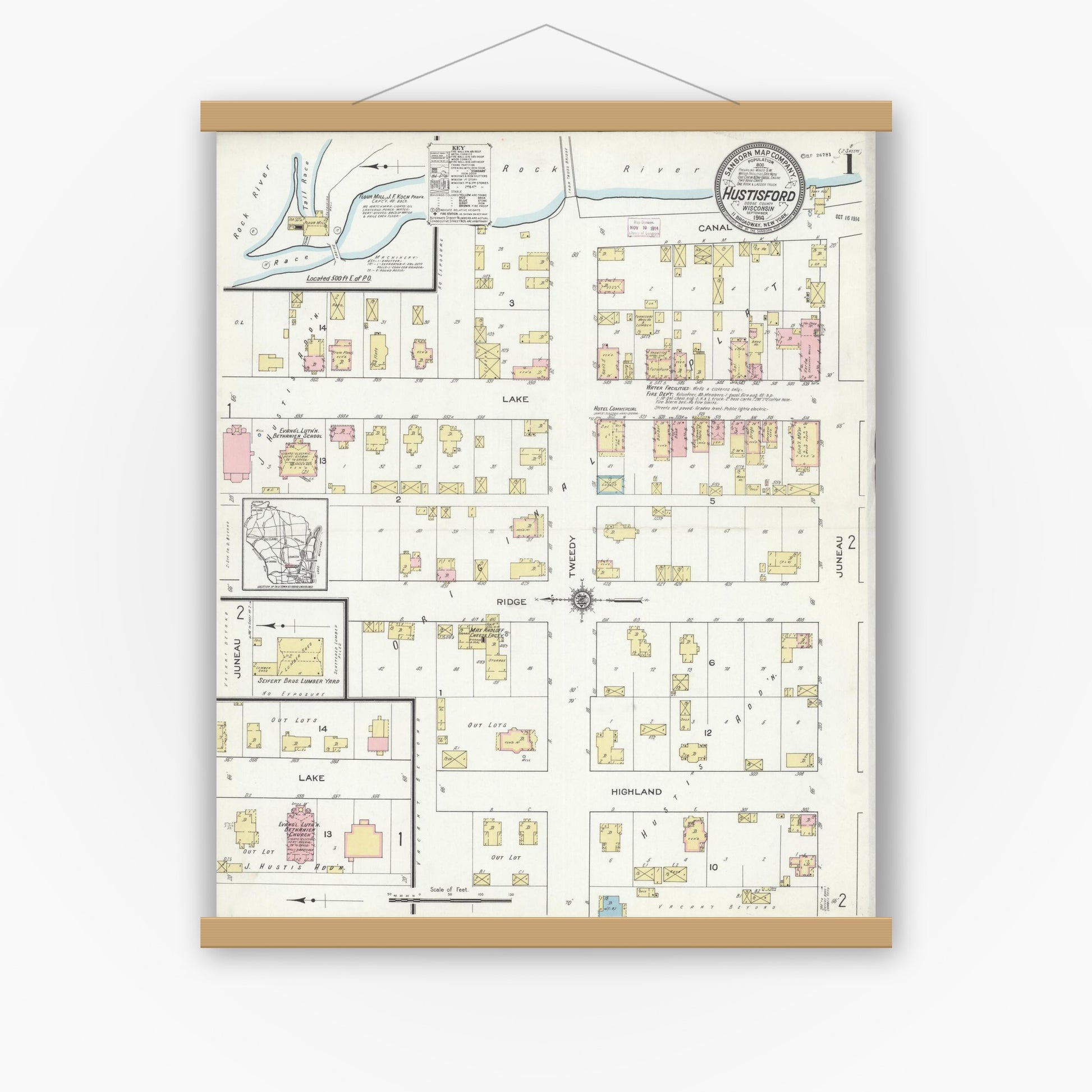 Old map wall art mockup — magnetic wood frame on white wall — Sanborn Fire Insurance Map from Hustisford, Dodge County, Wisconsin (1914) - Complete Map Set