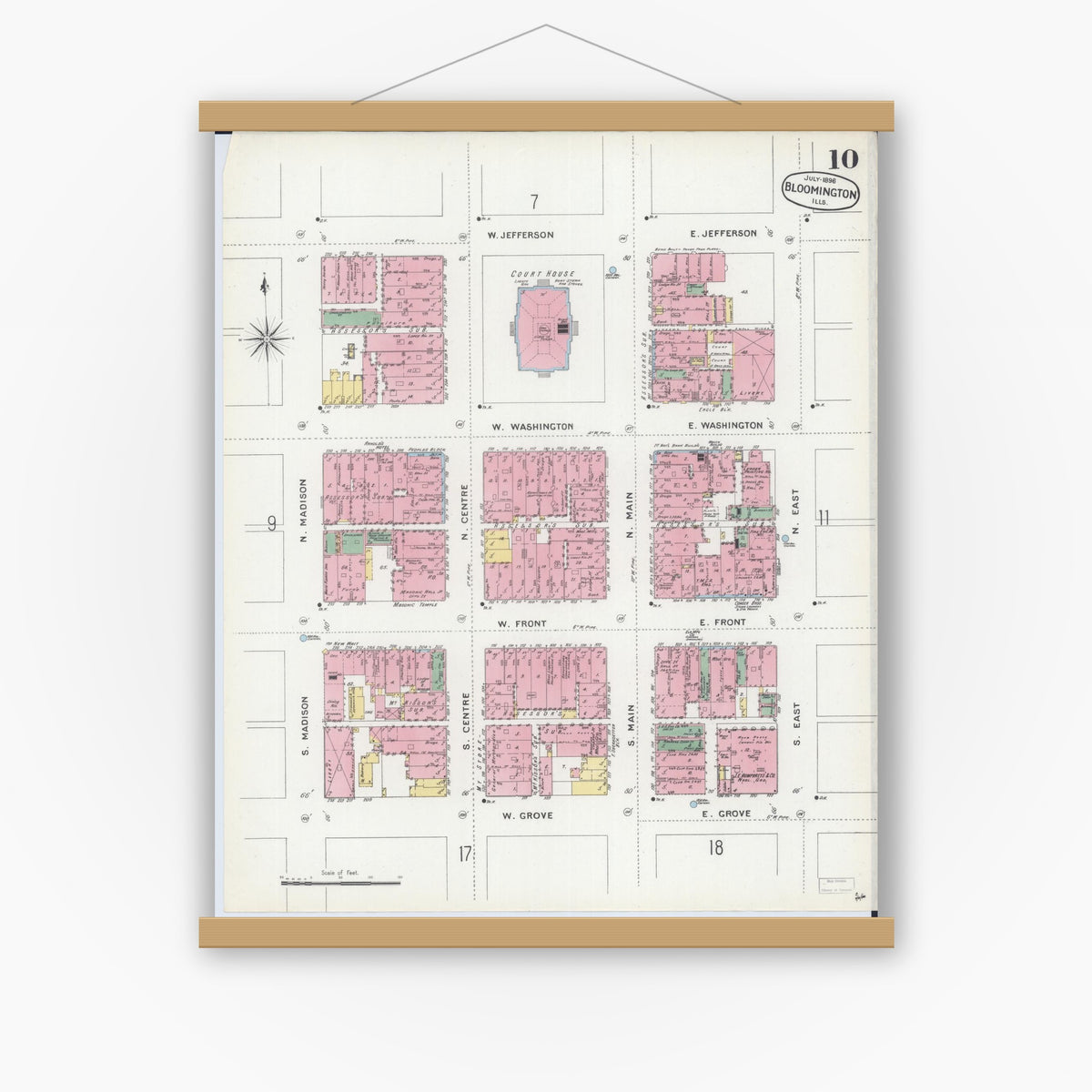 Old map wall art mockup — magnetic wood frame on white wall — Sanborn Fire Insurance Map from Bloomington, McLean County, Illinois (1896), Sheet #0010