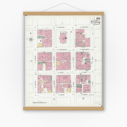 Old map wall art mockup — magnetic wood frame on white wall — Sanborn Fire Insurance Map from Bloomington, McLean County, Illinois (1896), Sheet #0010
