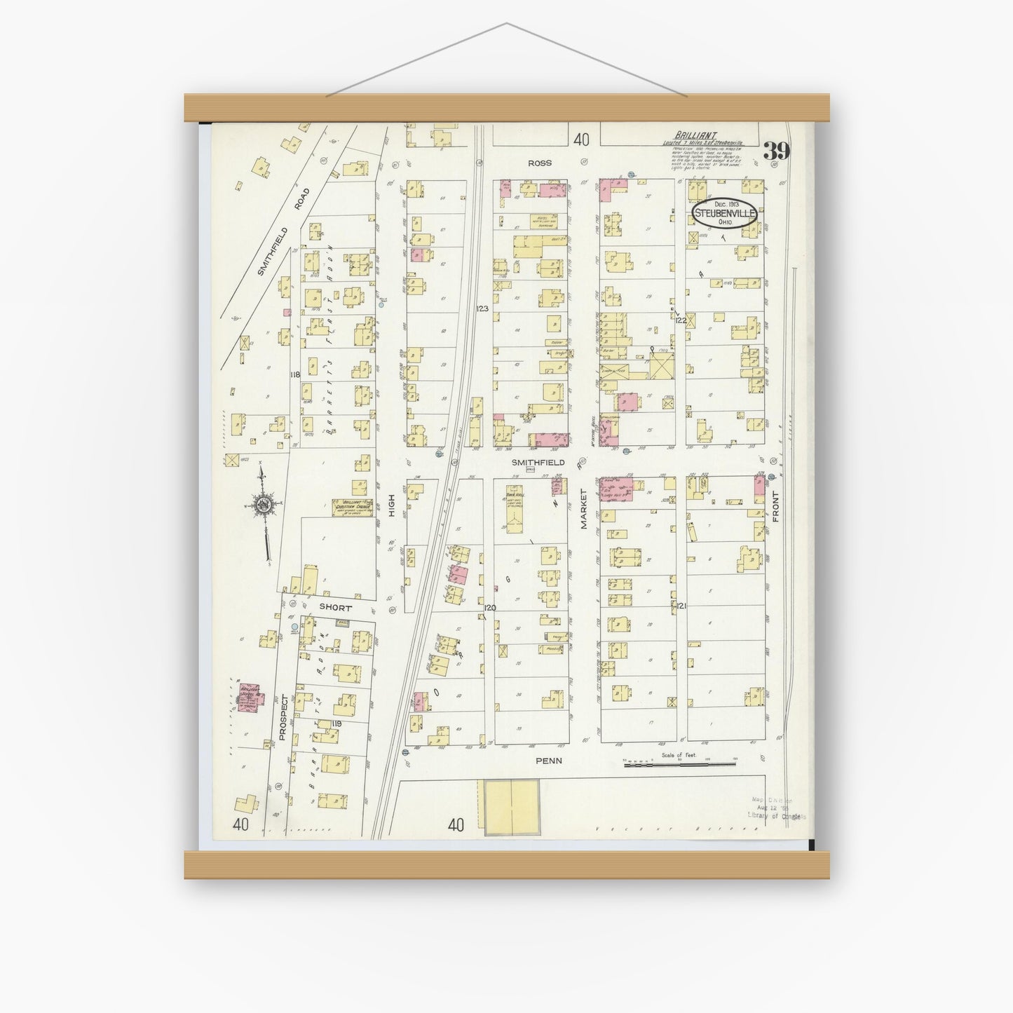 Old map wall art mockup — magnetic wood frame on white wall — Sanborn Fire Insurance Map from Steubenville, Jefferson County, Ohio (1913), Sheet #0039