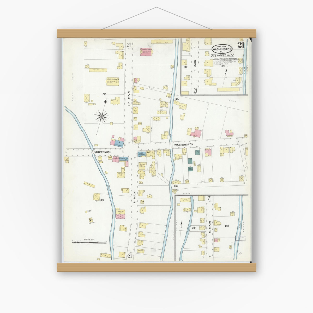 Old map wall art mockup — magnetic wood frame on white wall — Sanborn Fire Insurance Map from Washington, Warren County, New Jersey (1909), Sheet #0021