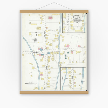 Old map wall art mockup — magnetic wood frame on white wall — Sanborn Fire Insurance Map from Washington, Warren County, New Jersey (1909), Sheet #0021