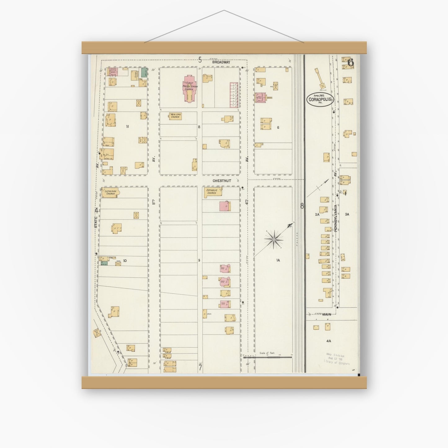 Old map wall art mockup — magnetic wood frame on white wall — Sanborn Fire Insurance Map from Coraopolis, Allegheny County, Pennsylvania (1902), Sheet #0006