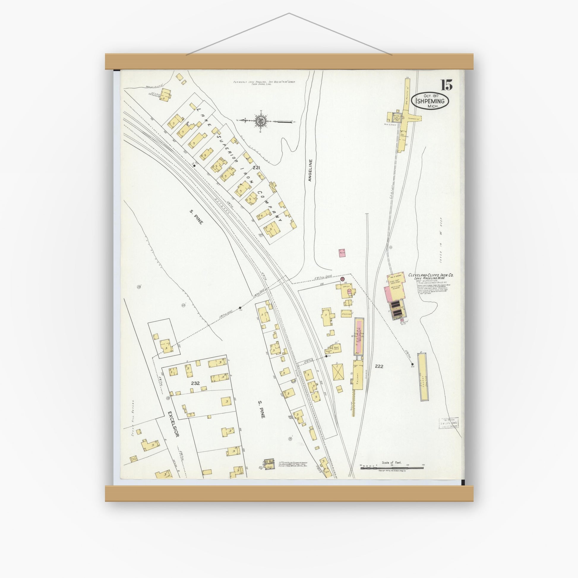 Old map wall art mockup — magnetic wood frame on white wall — Sanborn Fire Insurance Map from Ishpeming, Marquette County, Michigan (1917), Sheet #0015