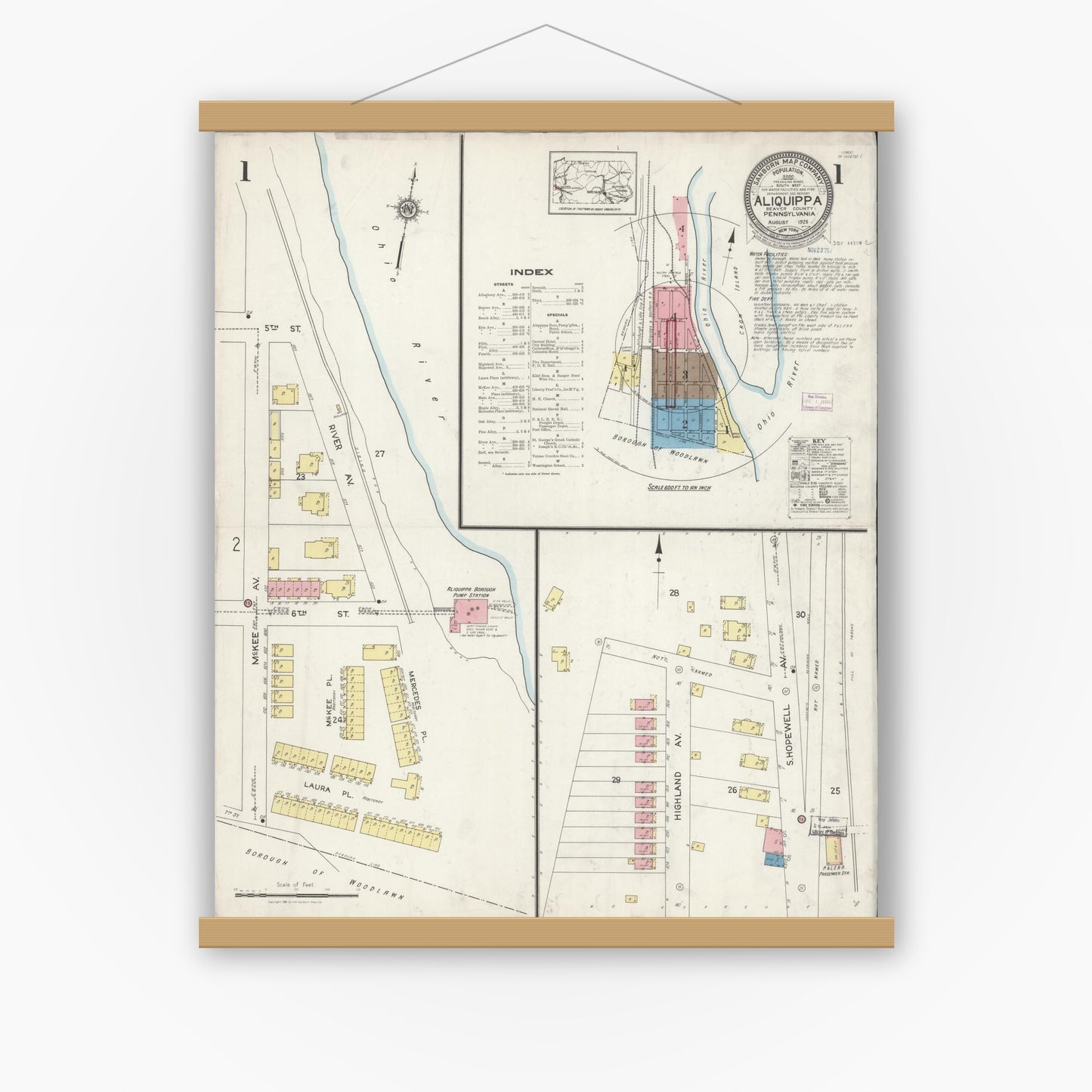 Old map wall art mockup — magnetic wood frame on white wall — Sanborn Fire Insurance Map from Aliquippa, Beaver County, Pennsylvania (1925), Sheet #0001
