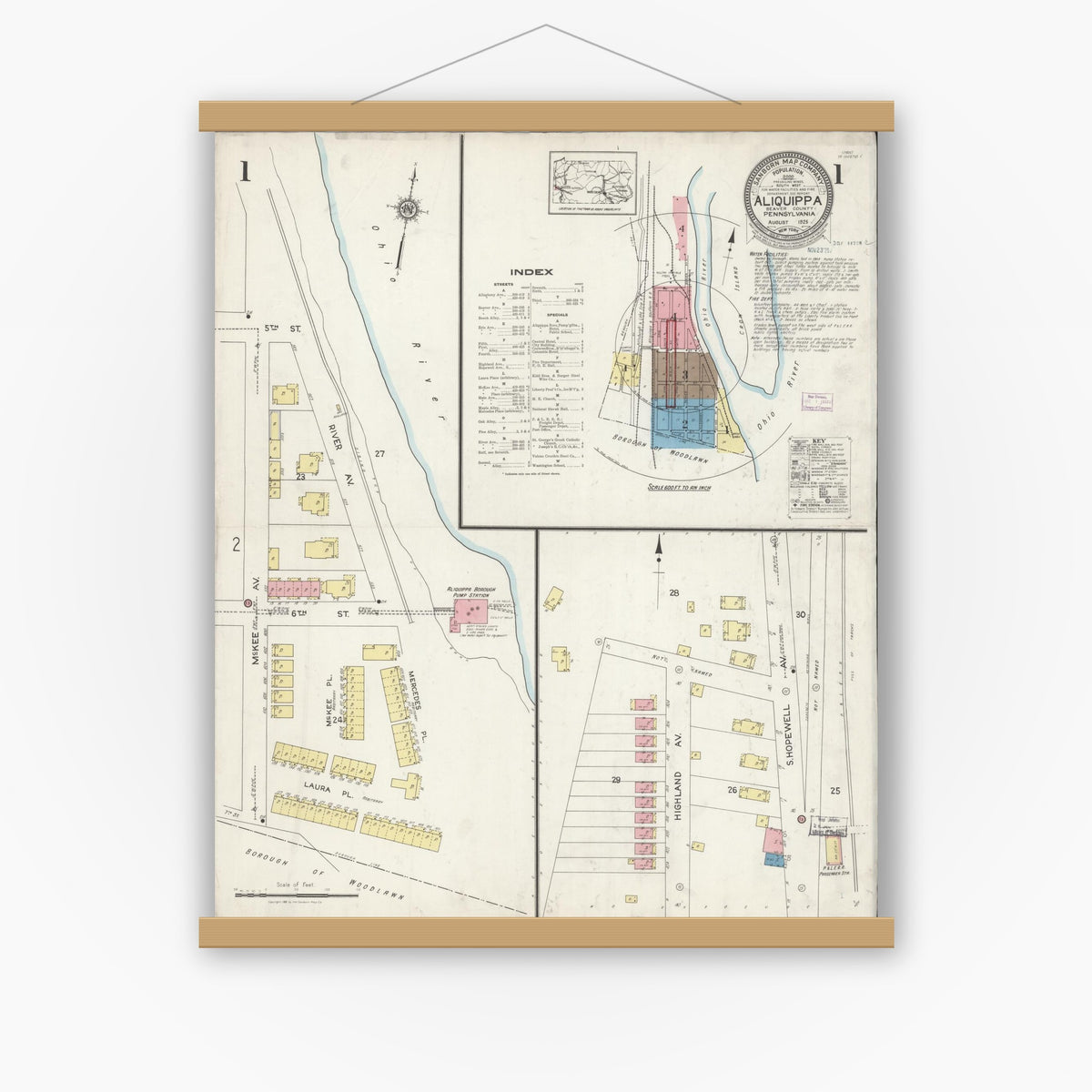 Old map wall art mockup — magnetic wood frame on white wall — Sanborn Fire Insurance Map from Aliquippa, Beaver County, Pennsylvania (1925), Sheet #0001