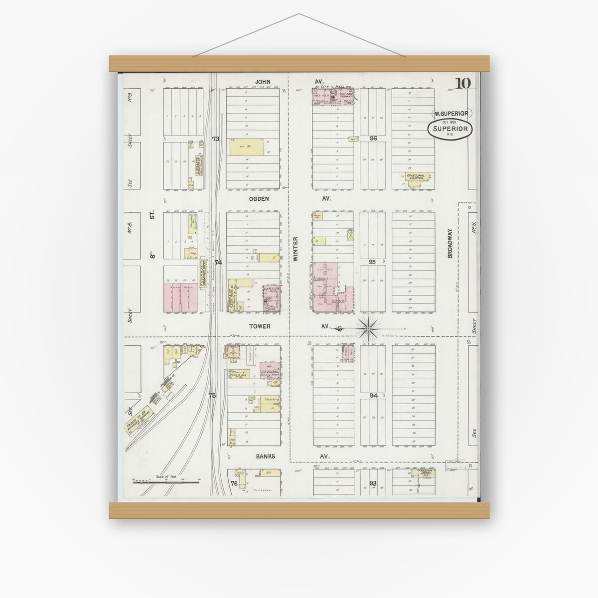 Old map wall art mockup — magnetic wood frame on white wall — Sanborn Fire Insurance Map from Superior, Douglas County, Wisconsin (1887), Sheet #0010