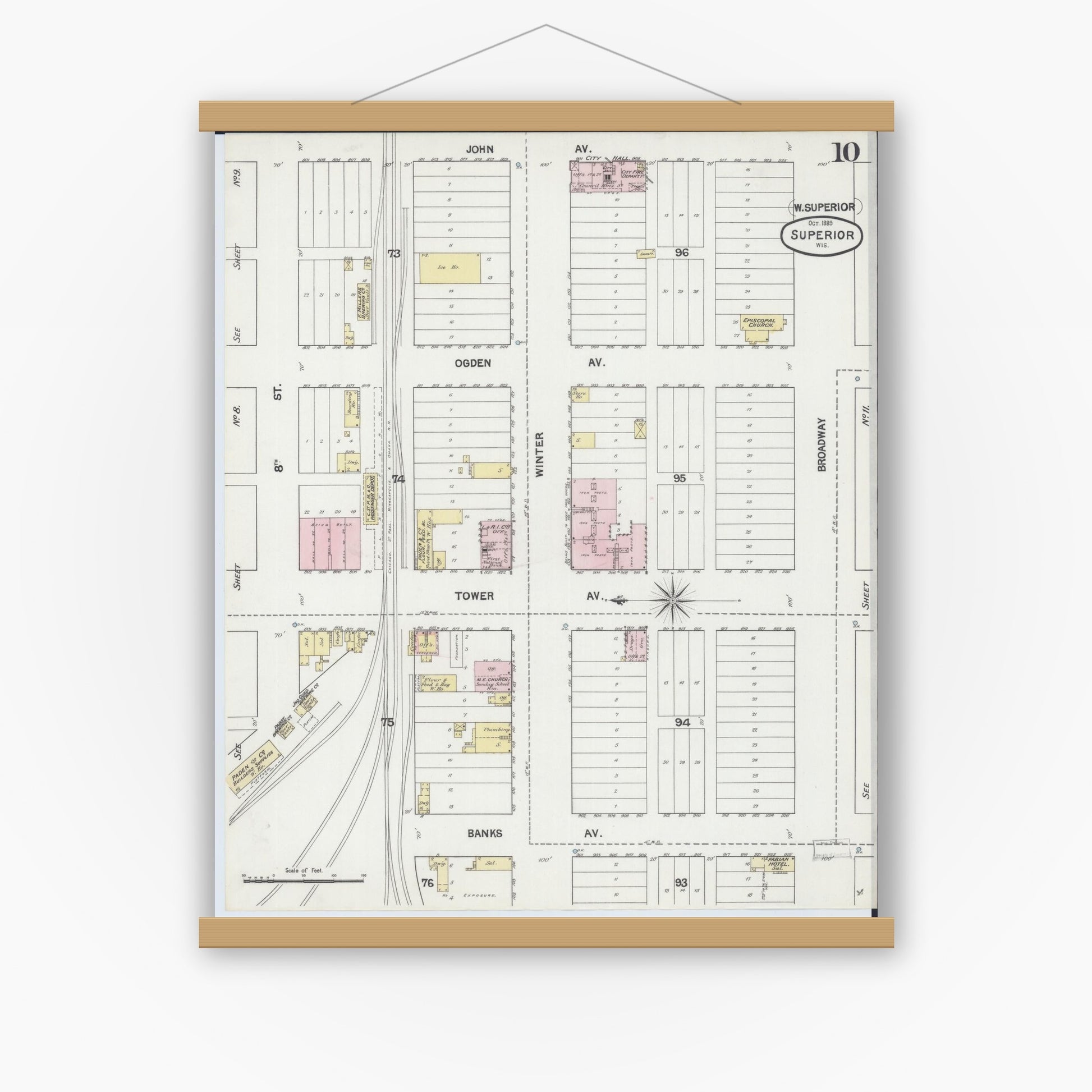 Old map wall art mockup — magnetic wood frame on white wall — Sanborn Fire Insurance Map from Superior, Douglas County, Wisconsin (1887), Sheet #0010