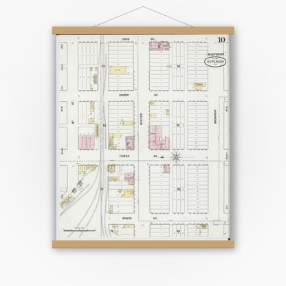 Old map wall art mockup — magnetic wood frame on white wall — Sanborn Fire Insurance Map from Superior, Douglas County, Wisconsin (1887), Sheet #0010