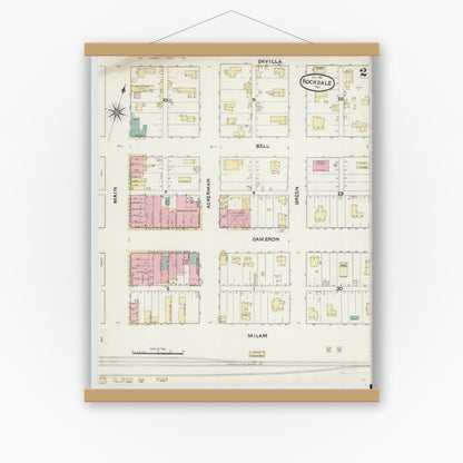Old map wall art mockup — magnetic wood frame on white wall — Sanborn Fire Insurance Map from Rockdale, Milam County, Texas (1891), Sheet #0002