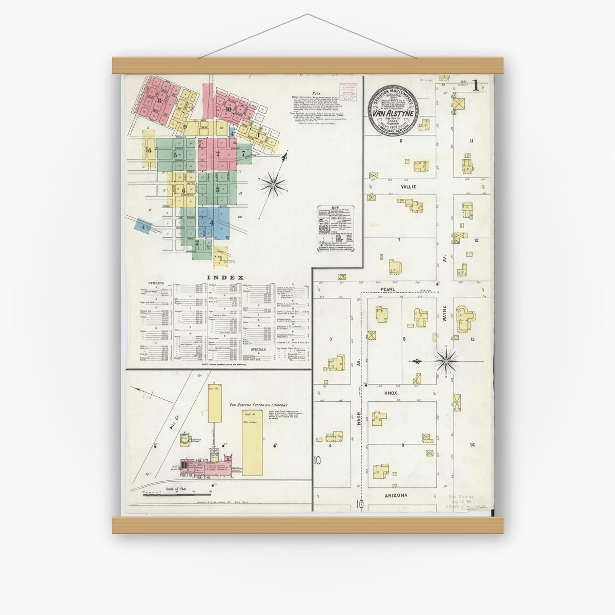 Old map wall art mockup — magnetic wood frame on white wall — Sanborn Fire Insurance Map from Van Alstyne, Grayson County, Texas (1907) - Complete Map Set