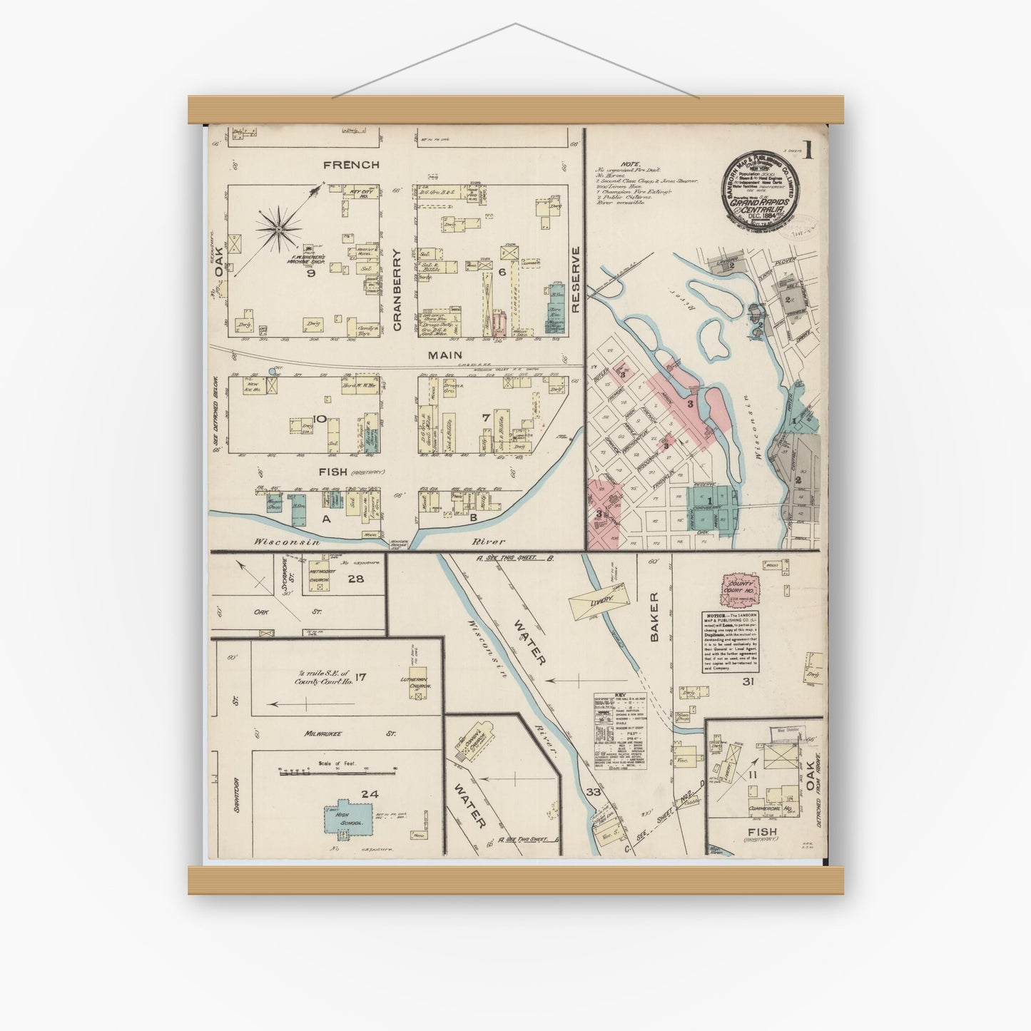 Old map wall art mockup — magnetic wood frame on white wall — Sanborn Fire Insurance Map from Grand Rapids, Wood County, Wisconsin (1884) - Complete Map Set