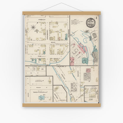 Old map wall art mockup — magnetic wood frame on white wall — Sanborn Fire Insurance Map from Grand Rapids, Wood County, Wisconsin (1884) - Complete Map Set