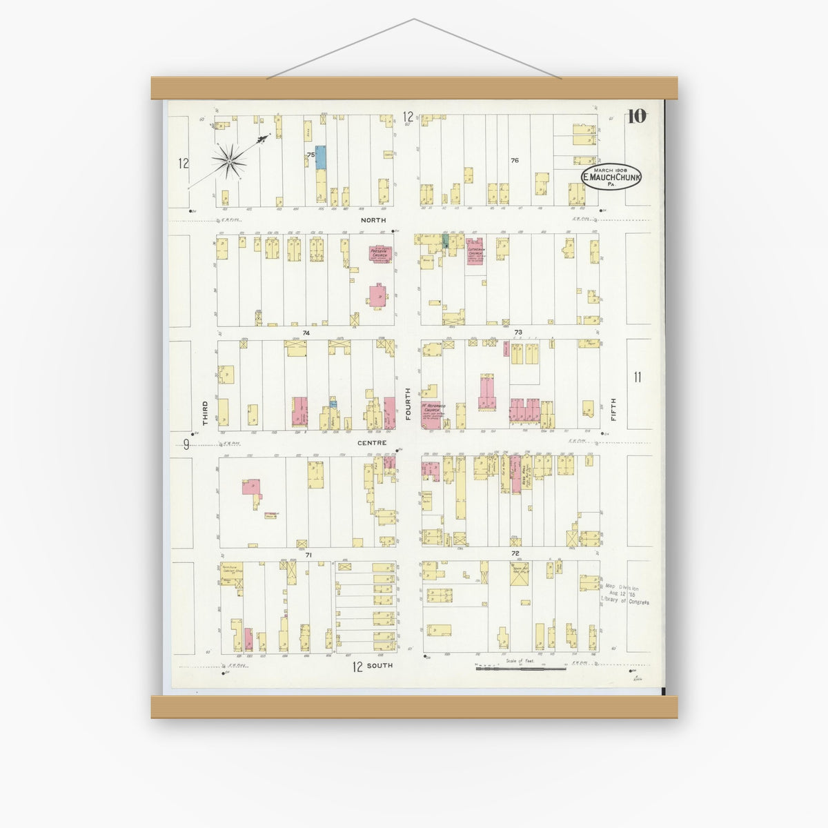 Old map wall art mockup — magnetic wood frame on white wall — Sanborn Fire Insurance Map from Mauch Chunk, Carbon County, Pennsylvania (1908), Sheet #0010