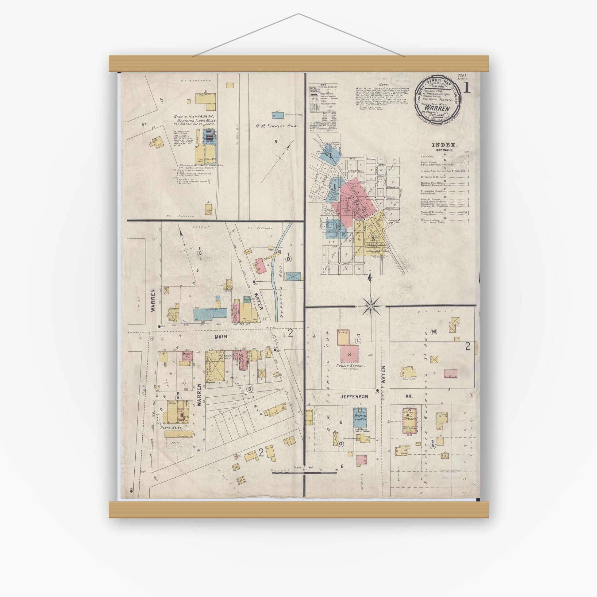 Old map wall art mockup — magnetic wood frame on white wall — Sanborn Fire Insurance Map from Warren, Jo Daviess County, Illinois (1898) - Complete Map Set