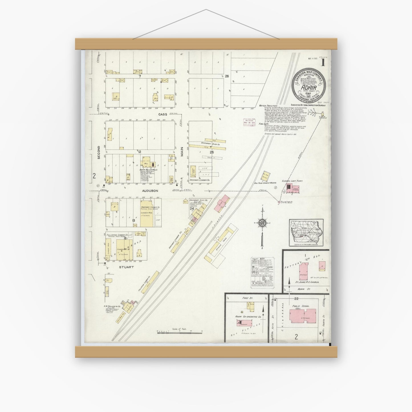 Old map wall art mockup — magnetic wood frame on white wall — Sanborn Fire Insurance Map from Adair, Adair and Guthrie Counties, Iowa (1915) â€” Complete Set