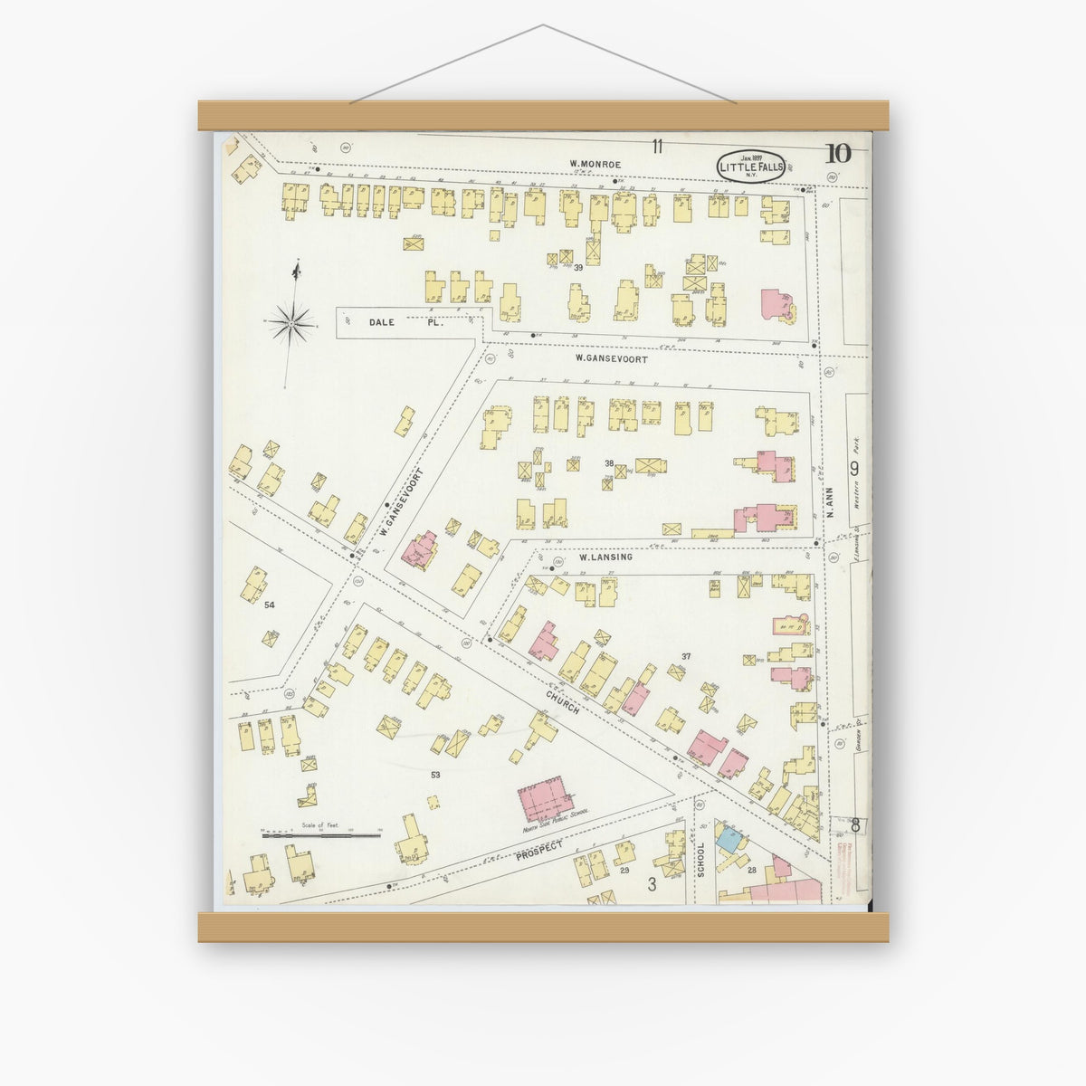 Old map wall art mockup — magnetic wood frame on white wall — Sanborn Fire Insurance Map from Little Falls, Herkimer County, New York (1897), Sheet #0010