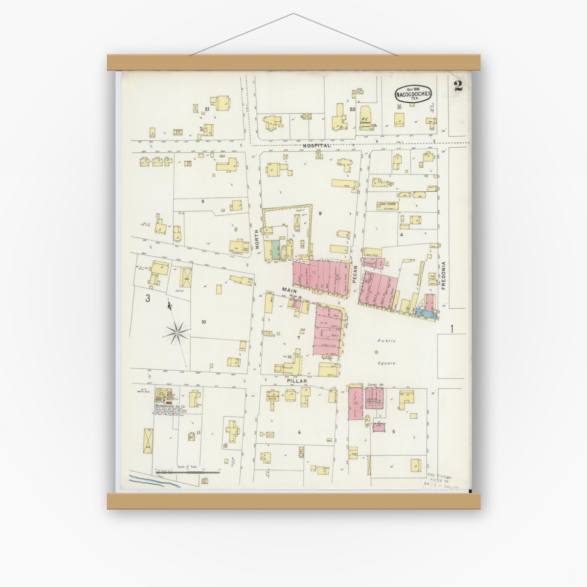 Old map wall art mockup — magnetic wood frame on white wall — Sanborn Fire Insurance Map from Nacogdoches, Nacogdoches County, Texas (1896), Sheet #0002