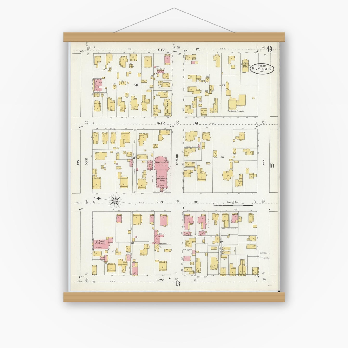 Old map wall art mockup — magnetic wood frame on white wall — Sanborn Fire Insurance Map from Wilmington, New Hanover County, North Carolina (1904), Sheet #0009