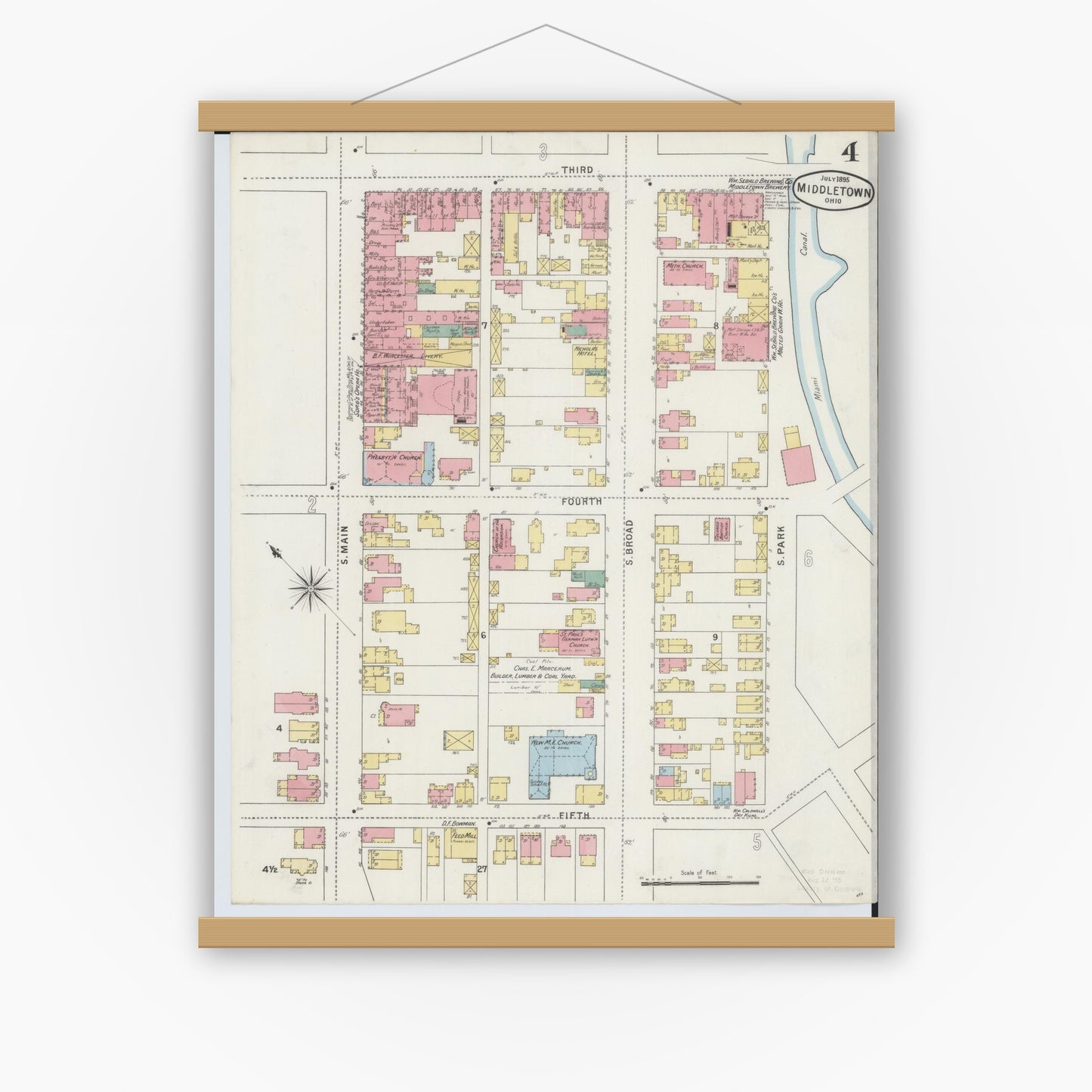 Old map wall art mockup — magnetic wood frame on white wall — Sanborn Fire Insurance Map from Middletown, Butler County, Ohio (1895), Sheet #0004