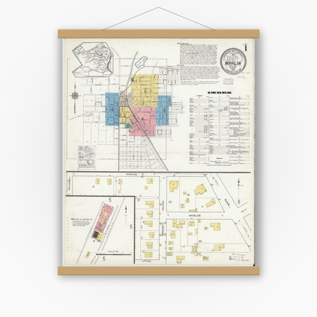 Old map wall art mockup — magnetic wood frame on white wall — Sanborn Fire Insurance Map from Marlin, Falls County, Texas (1916) - Complete Map Set